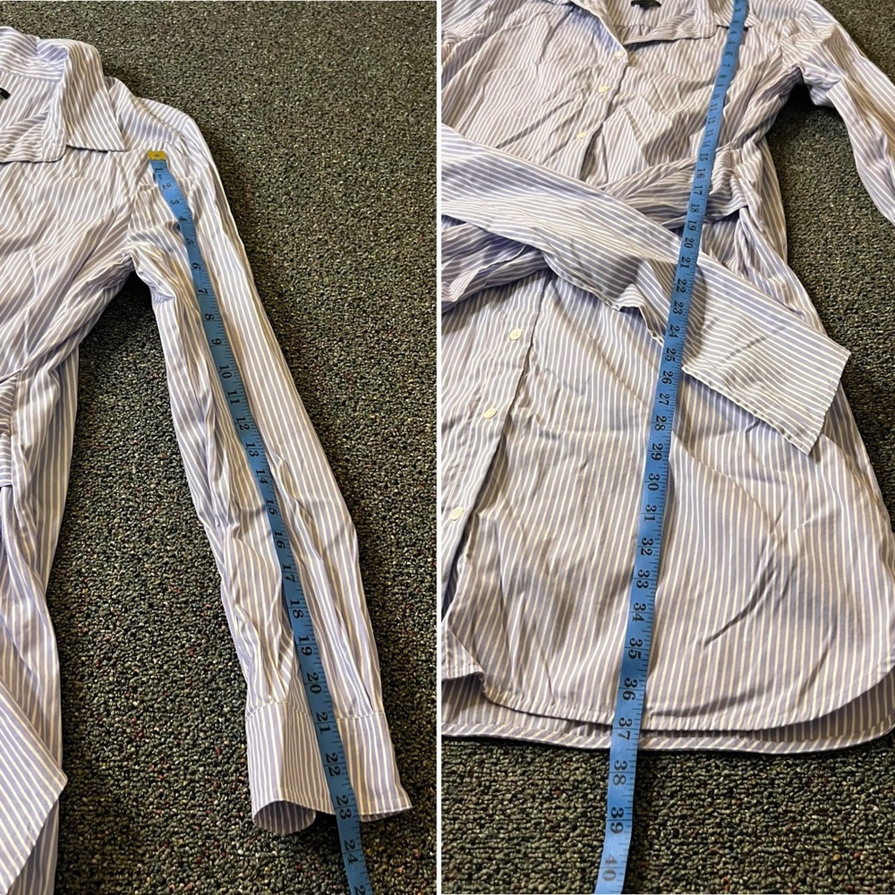 ANN TAYLOR Blue & White Seersucker Stripe Wrap Button Down Modest Midi Dress M - Picture 16 of 16